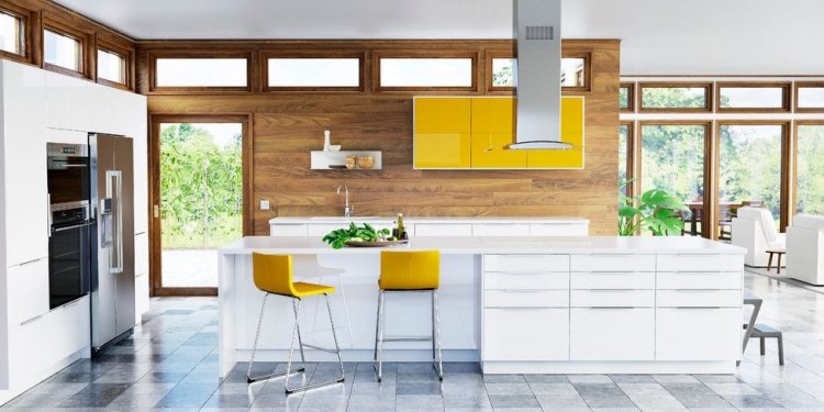 Kitchen with yellow bar stools